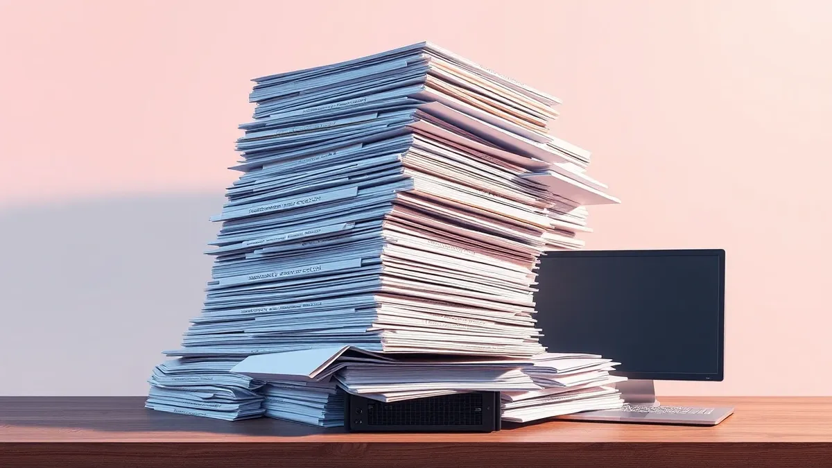 Illustration: A towering stack of heavy insurance policy folders spills over the edge of a wooden desk, burying a small, sleek black server box.