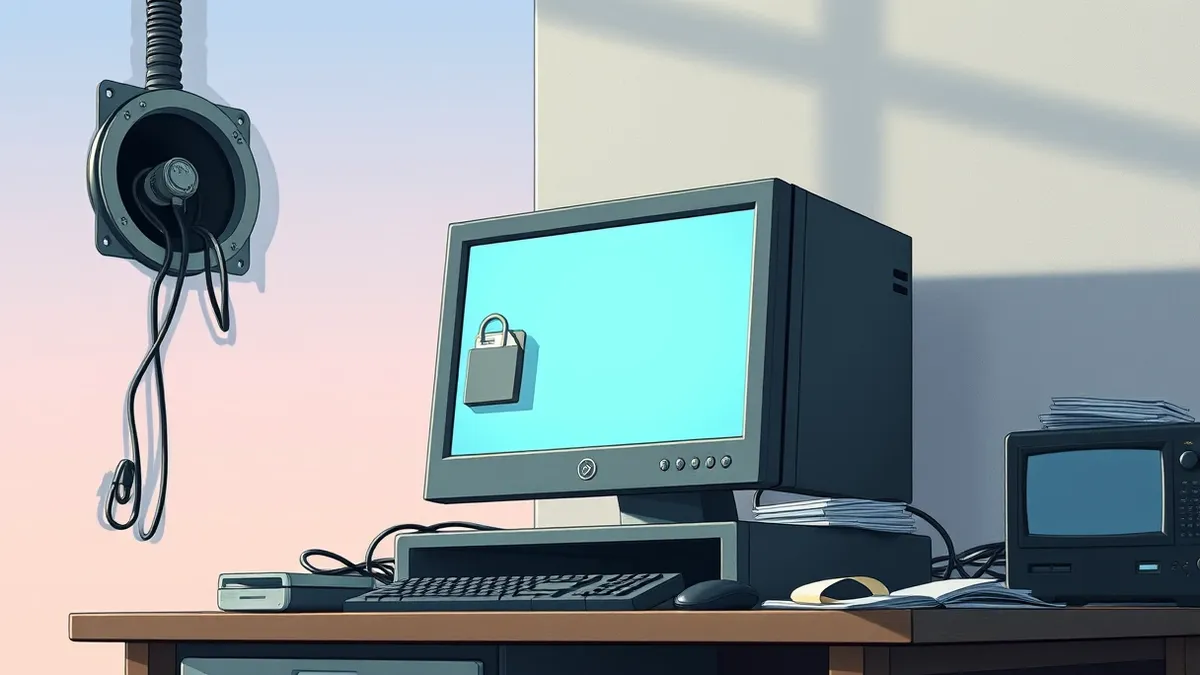 Illustration: A dusty desktop computer sits on a cluttered office desk.