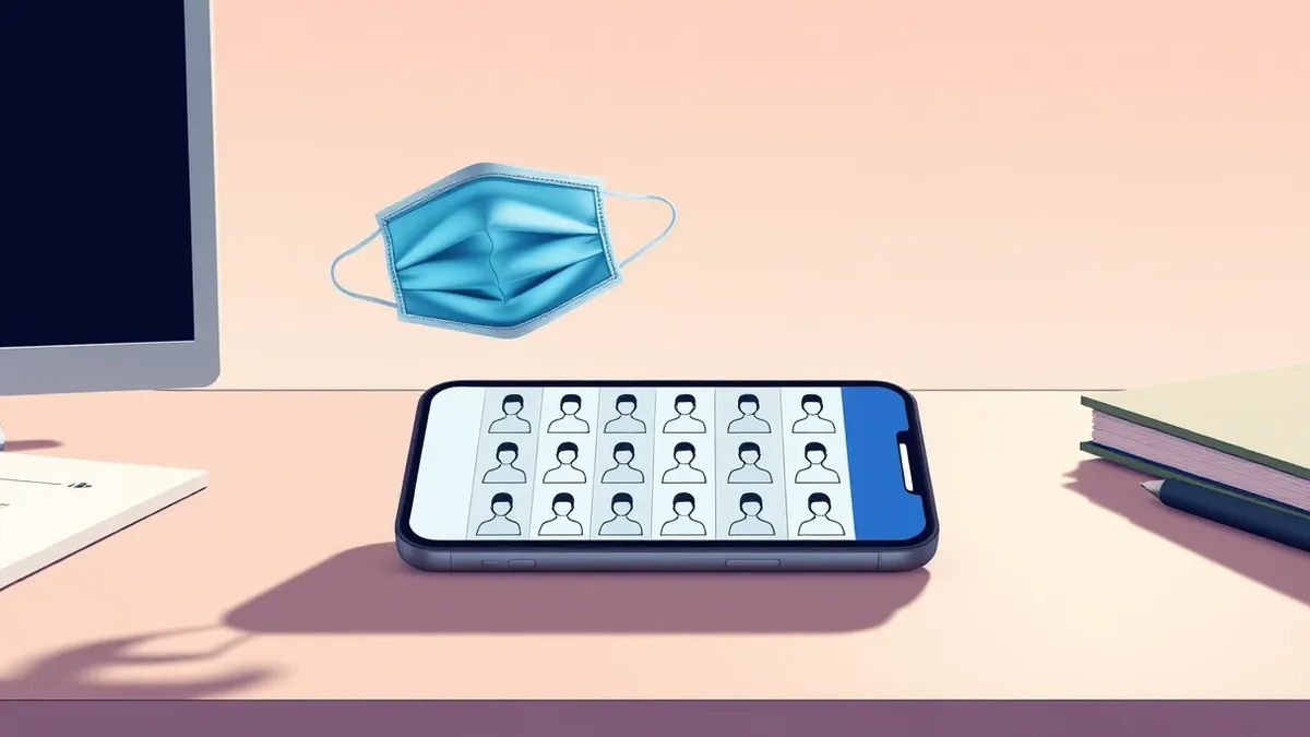 Illustration: A smartphone rests on a desk, displaying a blank social media interface with multiple identical profile icons arranged in a grid.