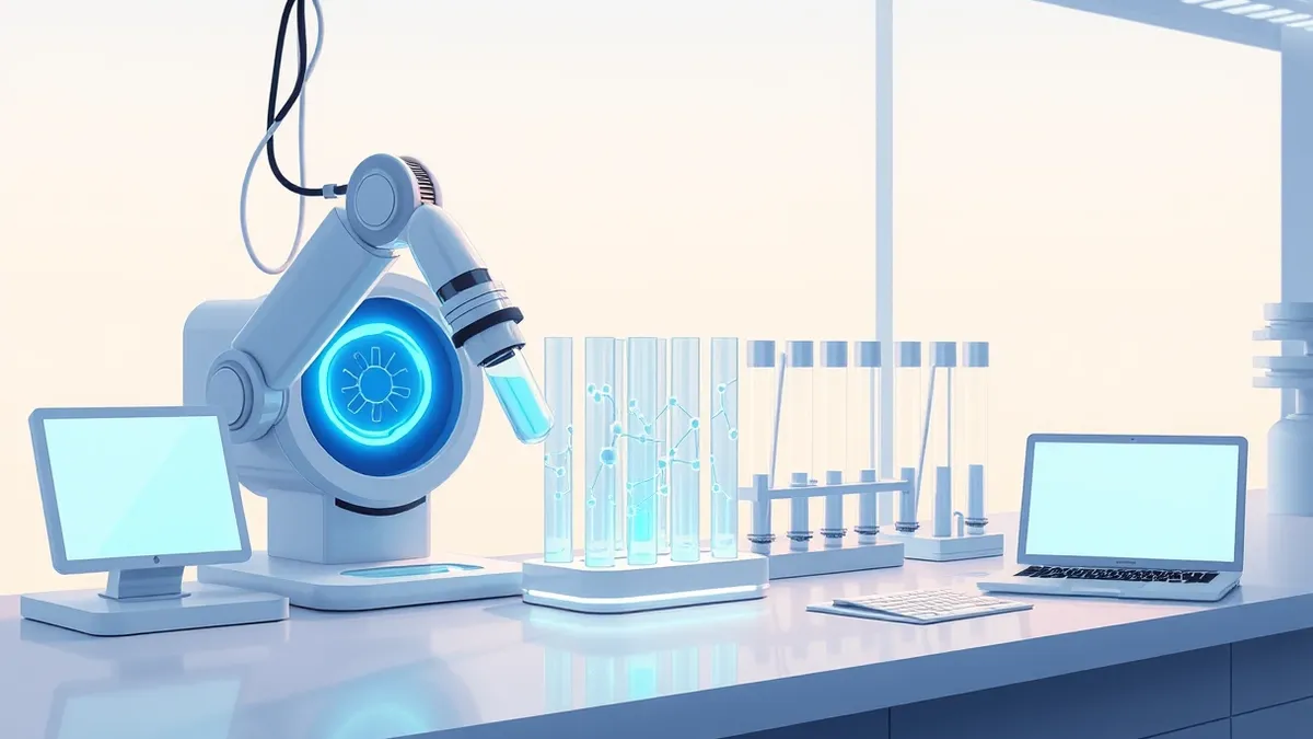 Illustration: A sterile laboratory bench holds a sleek robotic arm positioning a transparent vial next to a cluster of glowing microtubes.