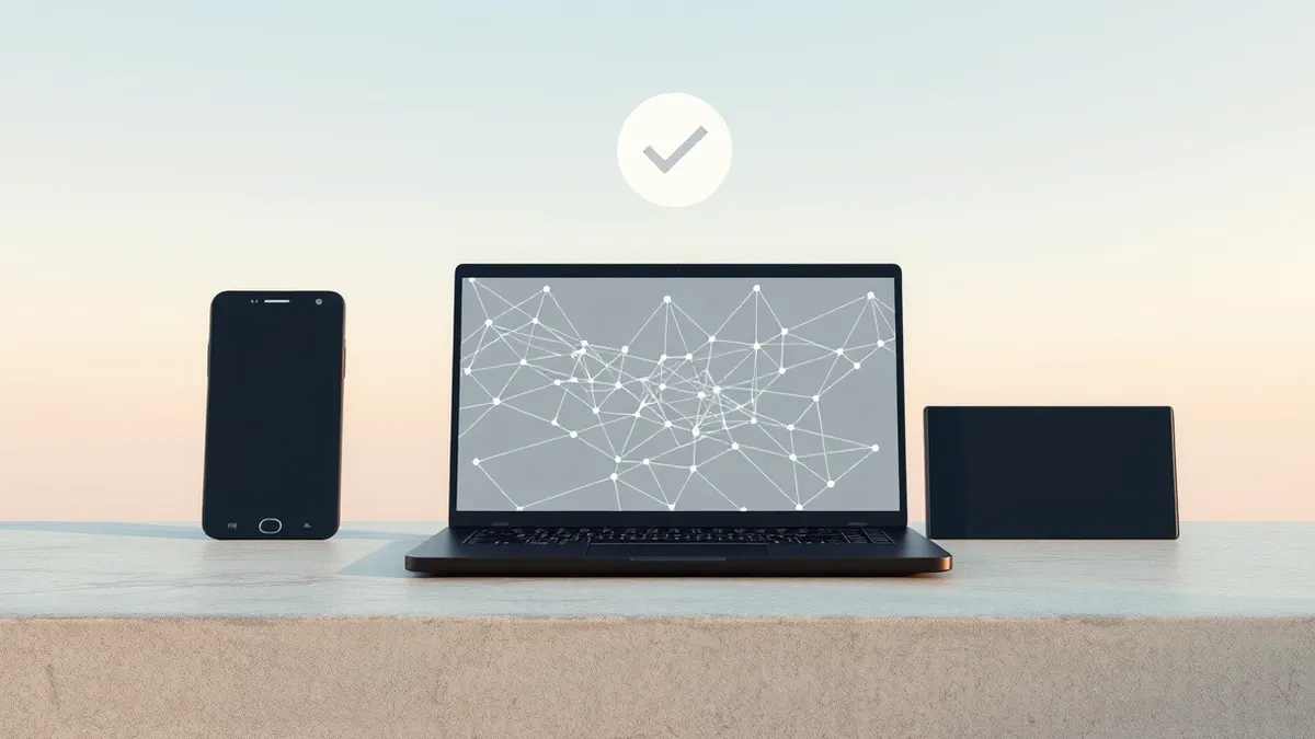 Illustration: A sleek black laptop rests on a concrete table, its screen displaying abstract geometric shapes that resemble a complex network map.