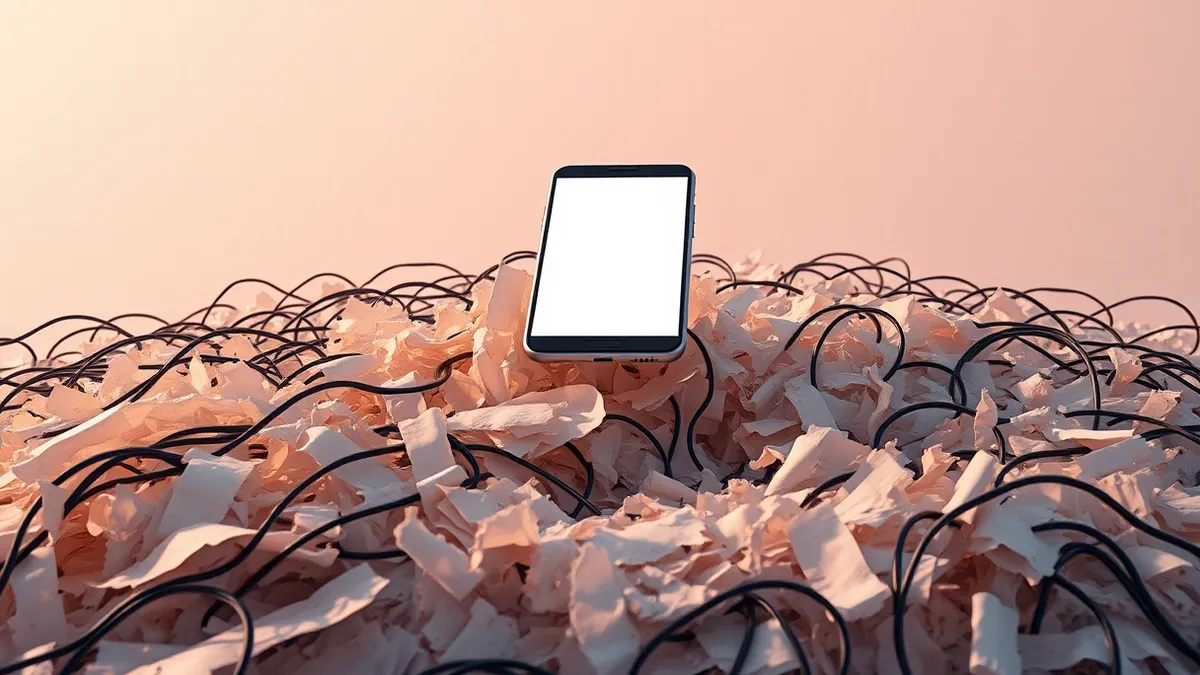 Illustration: A single sleek smartphone floats above a chaotic tangle of shredded paper and tangled wires.