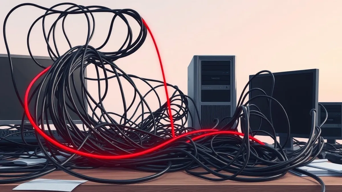 Illustration: A tangled mess of black cables snakes across a cluttered desk, connecting to a small gray Linux server tower.