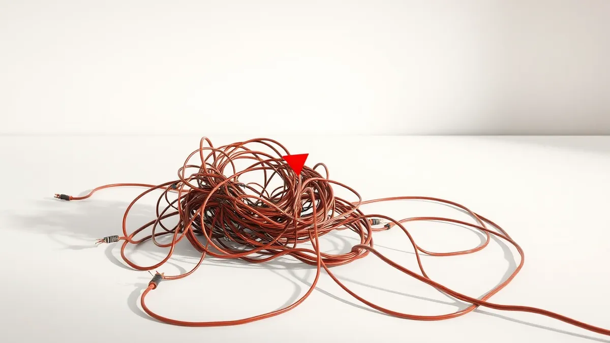Illustration: A tangled knot of frayed electrical wires lies on a sterile white desk.