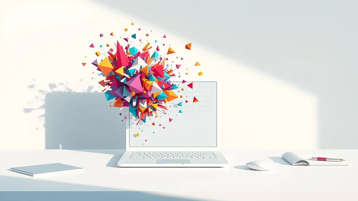 Illustration: A sleek white laptop sits on a minimalist desk, its screen displaying a tangle of chaotic, colorful geometric shapes that seem to burst outward, breaking through rigi