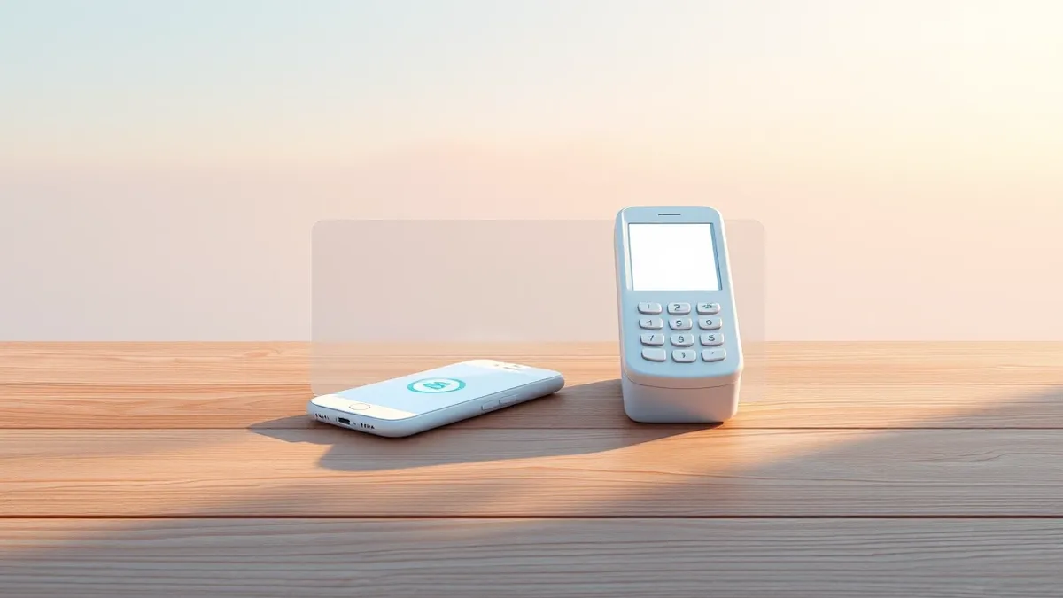 Illustration: A white smartphone rests on a wooden table, its screen glowing with a simple abstract payment icon.