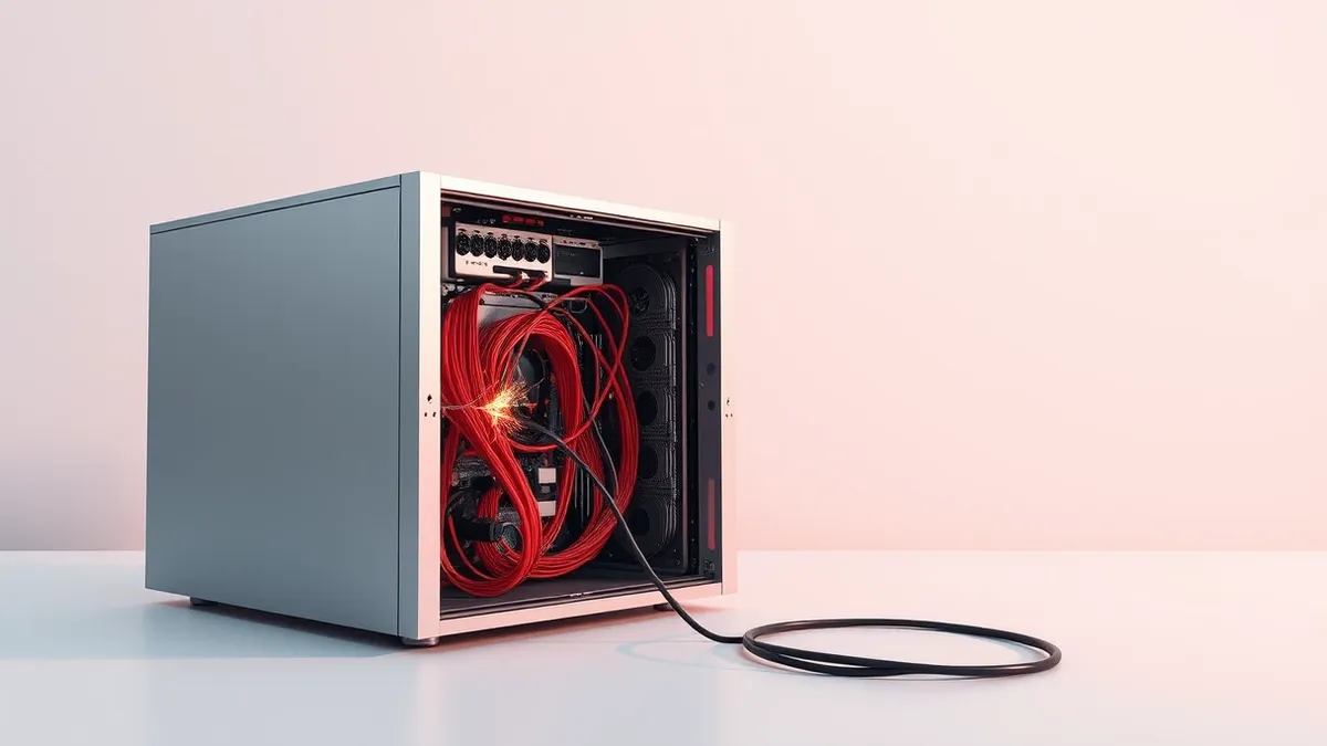 Illustration: A sleek silver server unit sits on a clean white desk with its side panel removed.