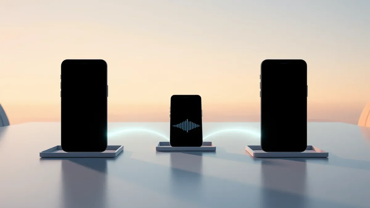 Illustration: A sleek, modern conference table holds three blank smartphones arranged in a triangle.