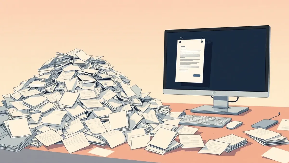 Illustration: A chaotic desktop is buried under mountains of crumpled paper drafts next to a sleek computer monitor displaying a single, perfect digital document.