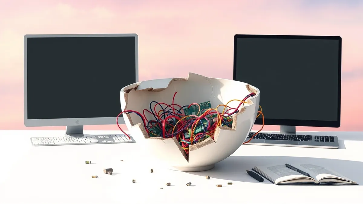 Illustration: A cracked ceramic bowl sits on a clean white desk, its sharp edges exposing a chaotic tangle of colorful wires and loose components beneath the broken surface.