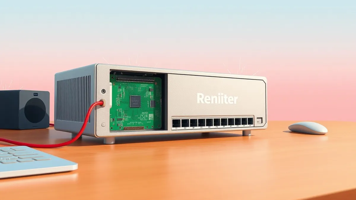 Illustration: A silver industrial router sits on a wooden desk with its side panel removed to reveal a green circuit board.