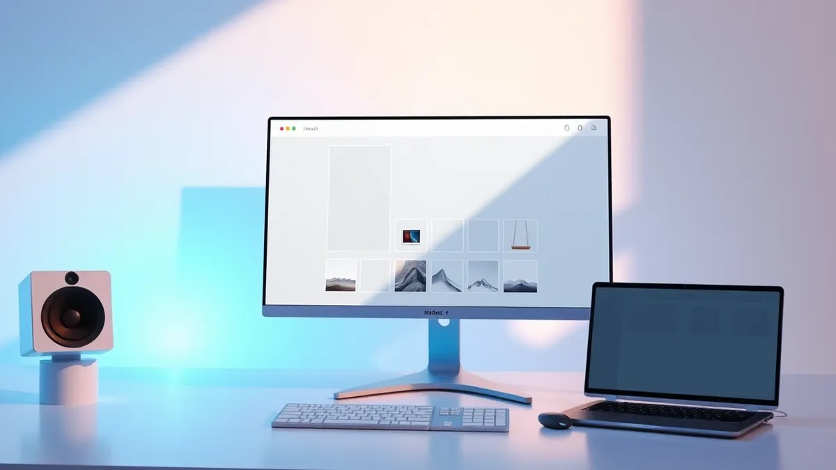 Illustration: A sleek desktop monitor displays a modern photo gallery interface with clean white cards and subtle abstract geometric accents.