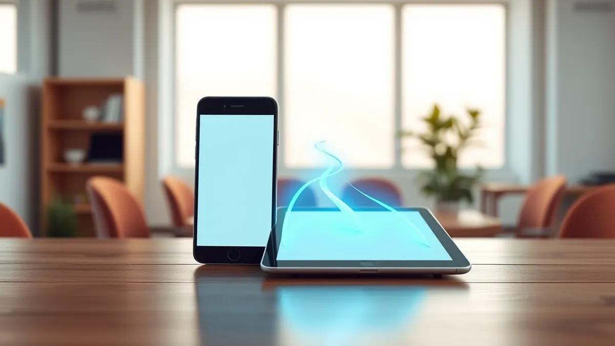 Illustration: A smartphone and a tablet sit side by side on a wooden desk.