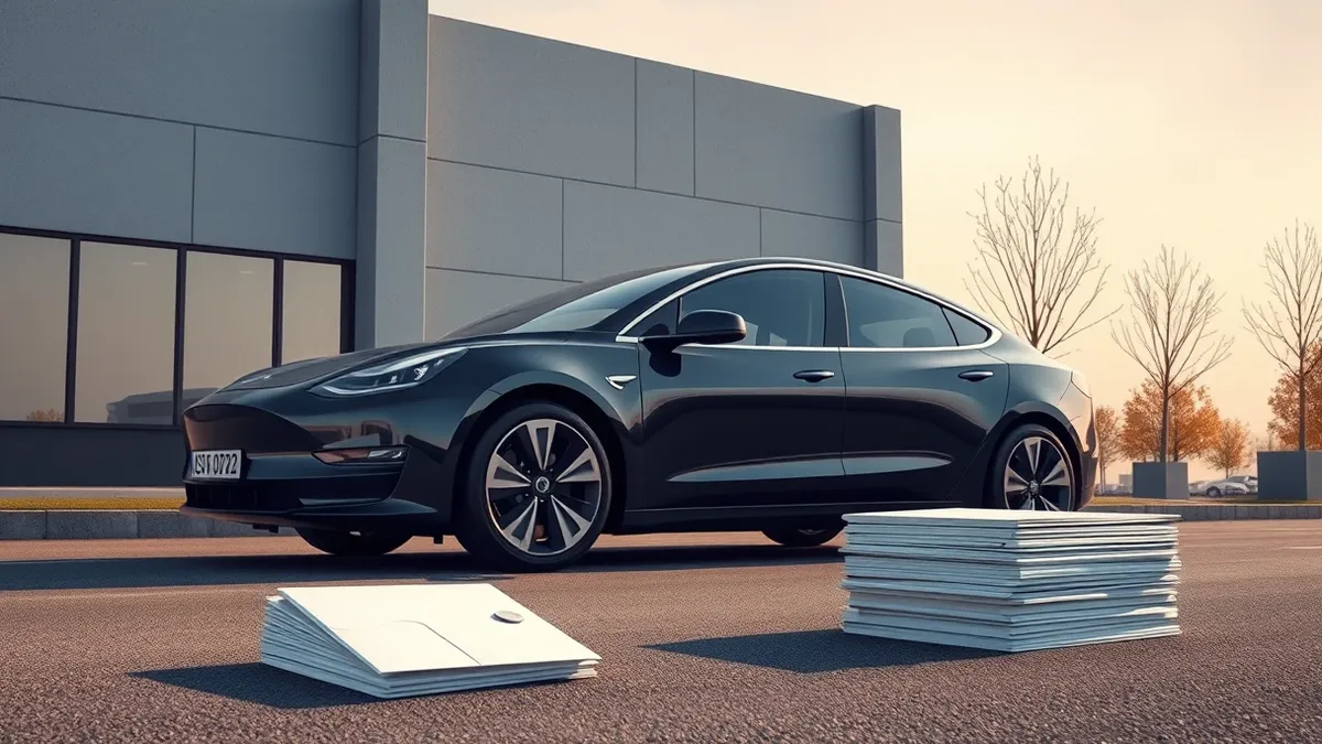 Illustration: A sleek black electric sedan parks silently in front of a nondescript gray office building with plain glass windows.