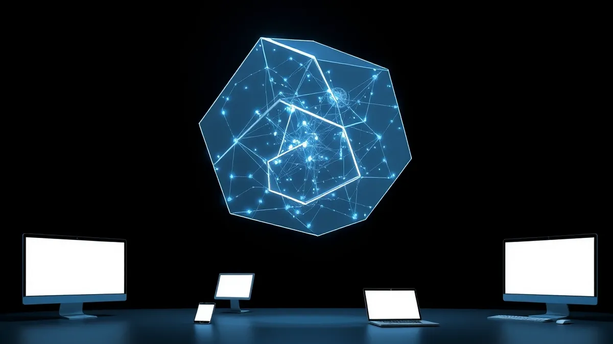Illustration: A translucent glass geometric shape resembling a neural network floats in a dark void.