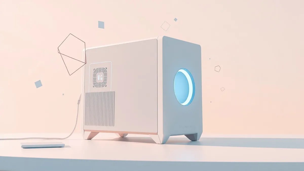 Illustration: A sleek white desktop computer sits on a clean minimalist desk, featuring a prominent glowing ring on its chassis that pulses with soft blue light.