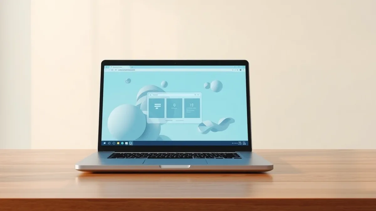 Illustration: A sleek silver laptop sits open on a polished wooden desk.