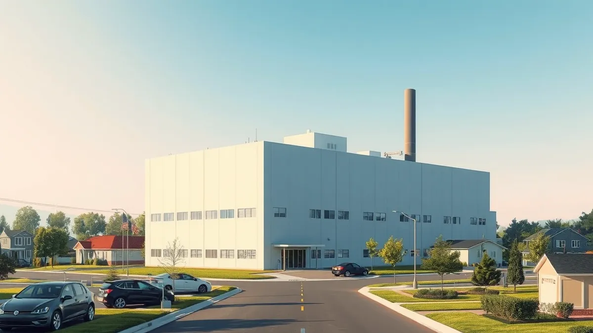 Illustration: A massive windowless industrial building sits in a quiet suburban neighborhood, casting a long shadow over parked cars and manicured lawns.