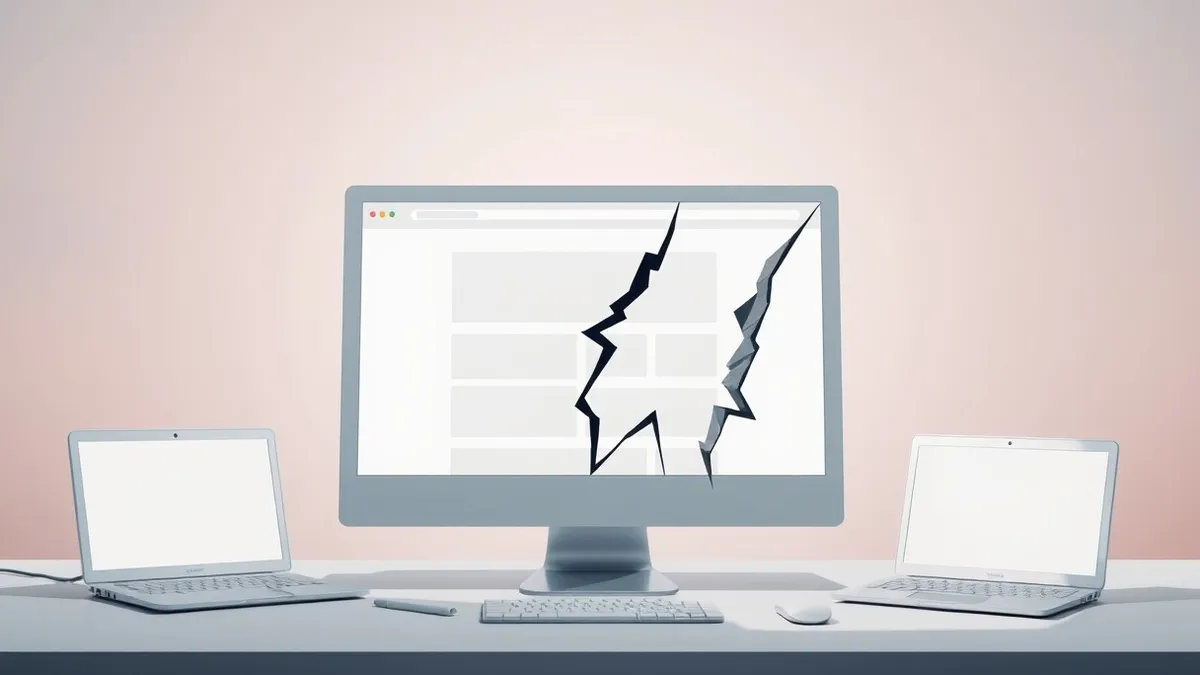 Illustration: A blank white computer screen displays a generic web browser window with abstract layout blocks, while a dark, jagged digital wedge forces its way through the center 