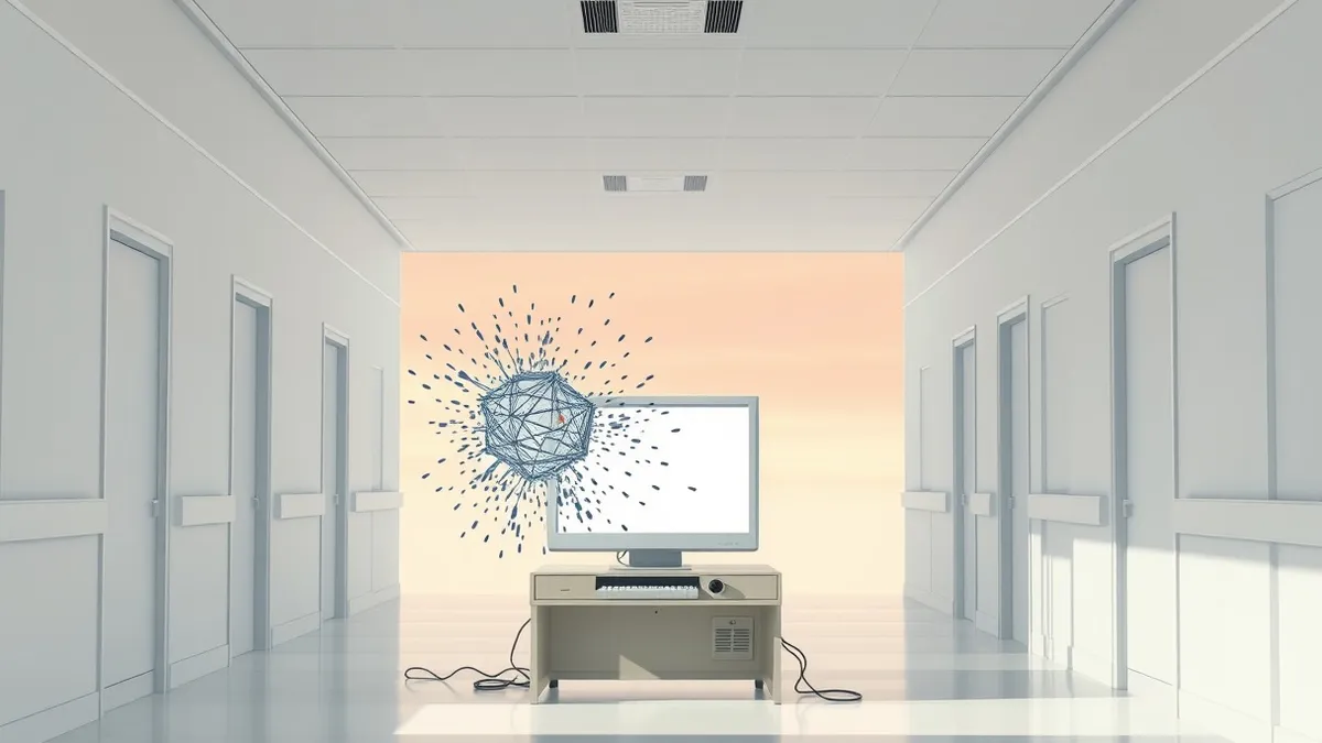 Illustration: A white hospital corridor with an old-style computer terminal on a desk.