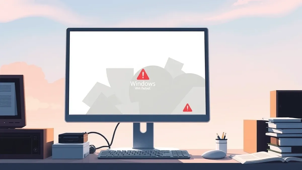 Illustration: A Windows desktop computer sits on a cluttered office desk, its screen displaying a frozen interface with abstract gray shapes.