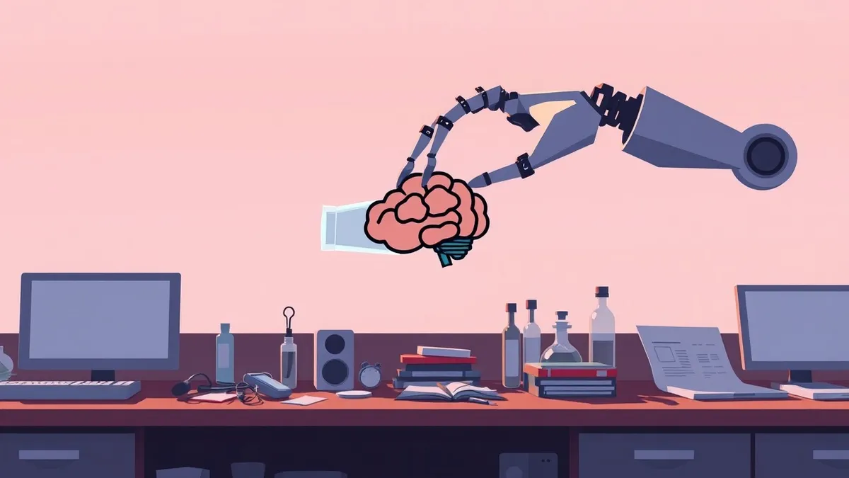 Illustration: A robotic arm holds a blank test tube over a cluttered laboratory bench.