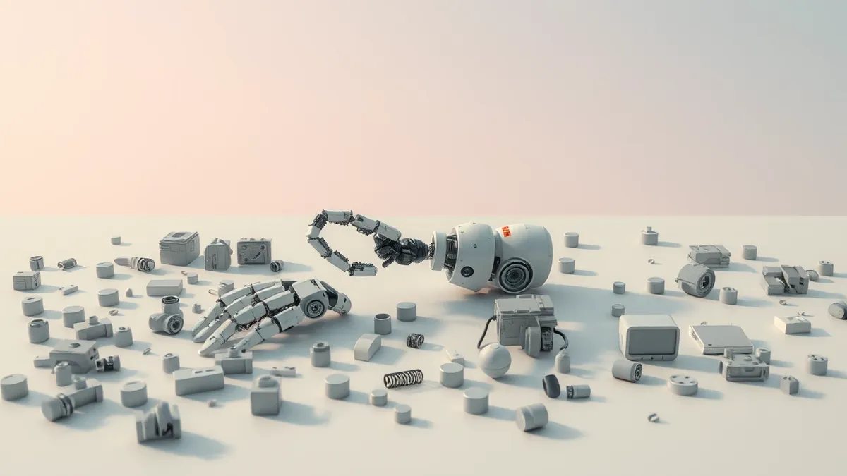Illustration: A disassembled robotic arm lies on a clean workbench, surrounded by scattered plastic bricks and mechanical connectors.