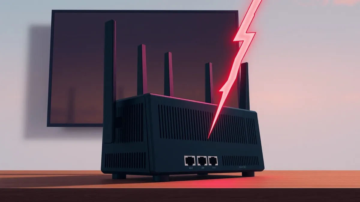 Illustration: A black desktop Wi-Fi router sits on a wooden desk, its ventilation slots and ethernet ports clearly visible.