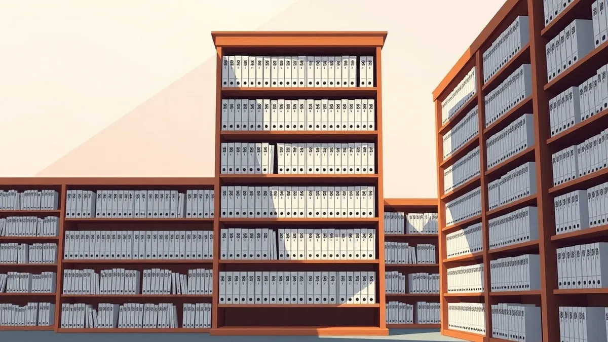 Illustration: A tall, sturdy wooden bookshelf stands in a quiet library corner, its shelves packed tightly with identical white-bound volumes.