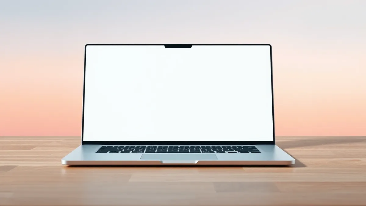Illustration: A slim silver laptop sits open on a wooden desk with a blank matte screen.