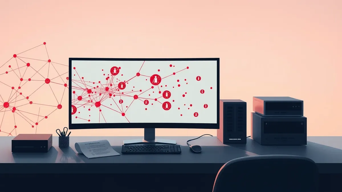 Illustration: A security analyst’s desk holds a single monitor displaying an intricate web of red connection lines and abstract threat clusters.