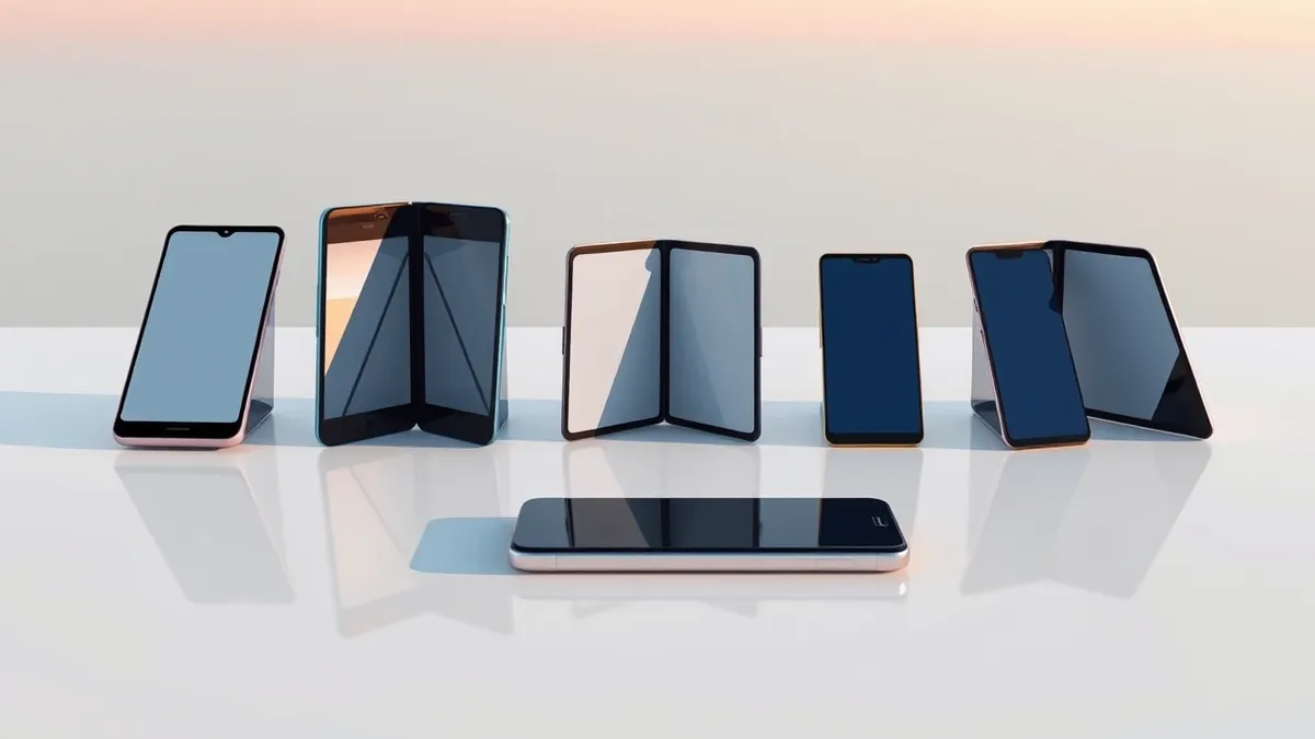Illustration: A row of six distinct foldable smartphones rests on a polished white surface, their screens folded into various positions to showcase different hinge designs and comp