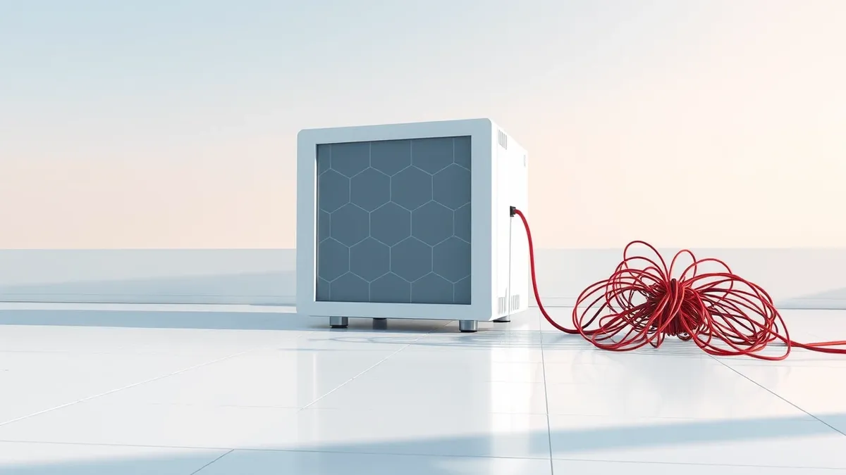 Illustration: A sleek white artificial intelligence server unit sits on a clean laboratory floor, its front panel displaying only abstract geometric patterns.