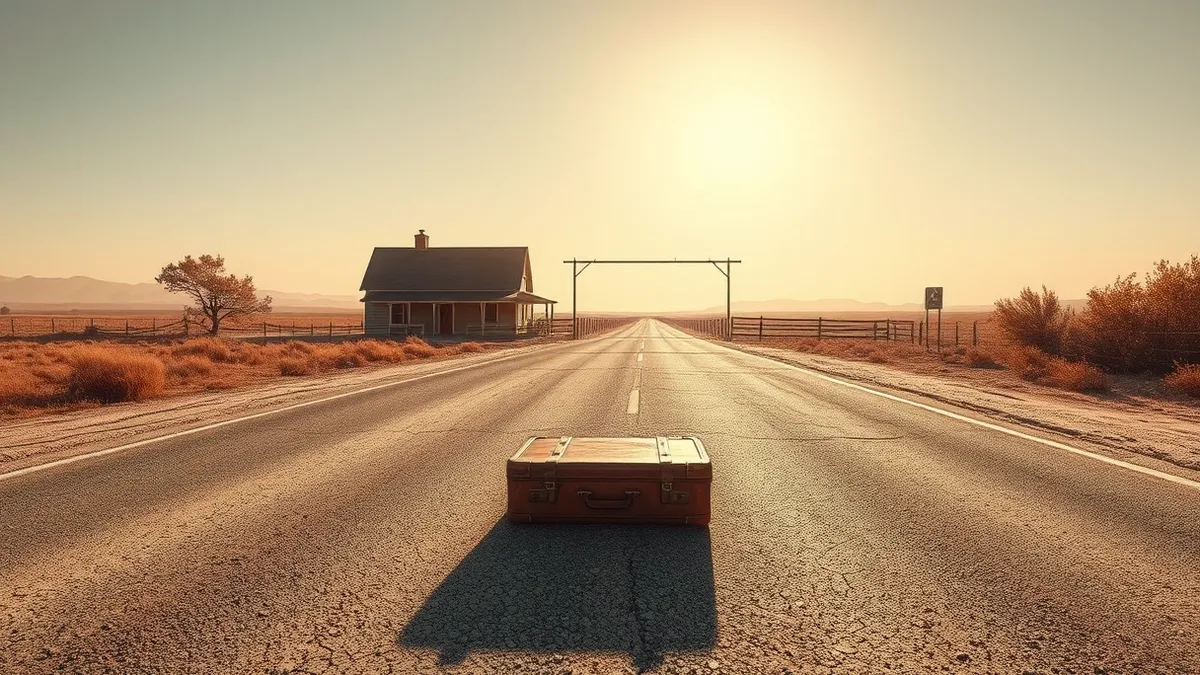Illustration: A dusty highway stretches under a bright sun toward a lonely farmhouse gate.