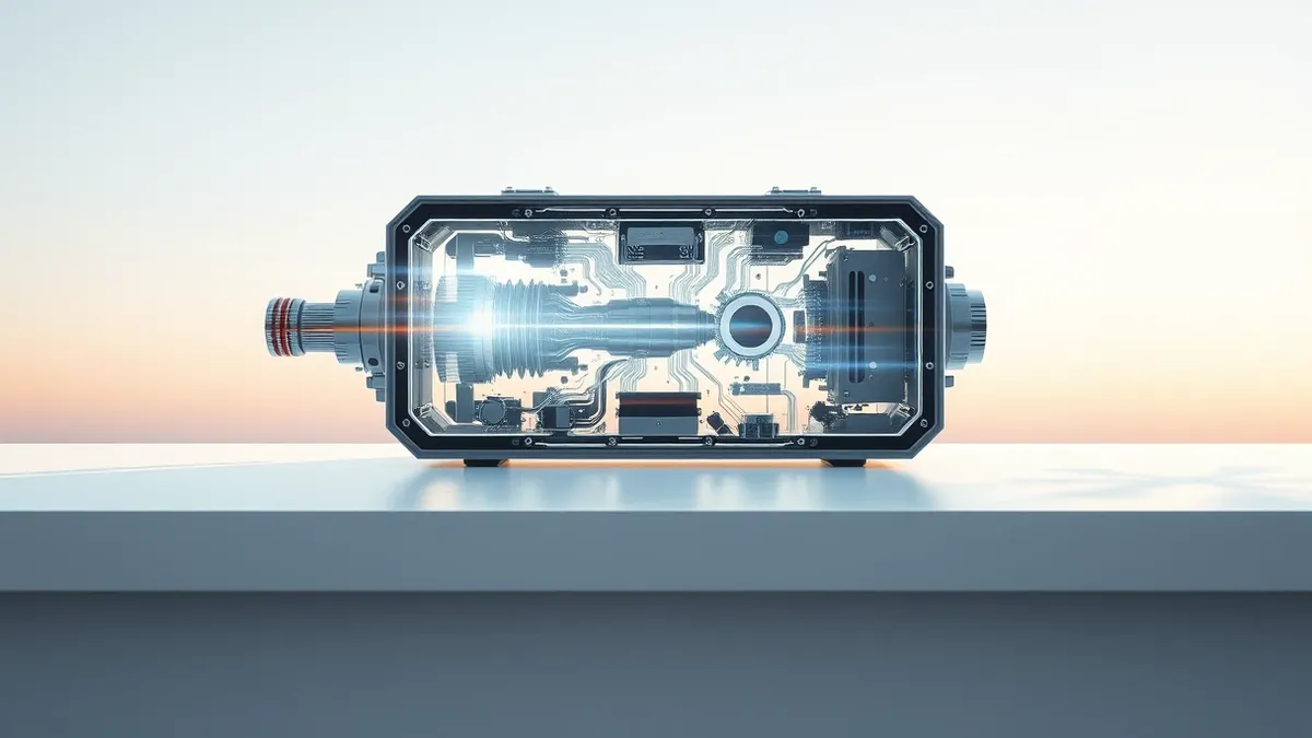 Illustration: A sleek optical circuit switch sits on a clean white table, with bright light beams flowing through transparent glass fibers.