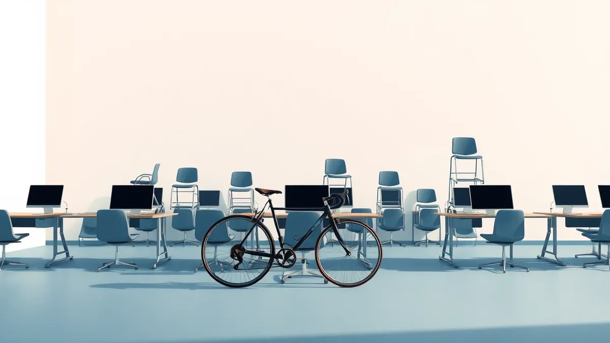 Illustration: A row of empty office desks sits in a quiet studio space.