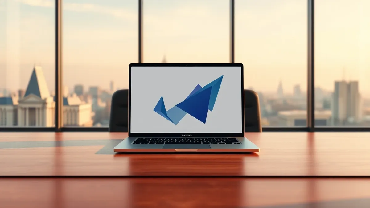 Illustration: A sleek laptop sits on a polished wooden desk inside a modern office, its screen displaying abstract geometric shapes that suggest political strategy and technologica