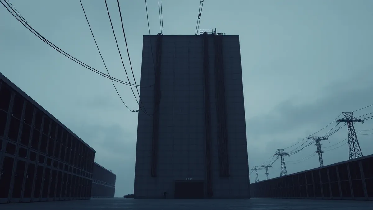 Illustration: A large industrial data center building stands silent and dark against a grey sky.
