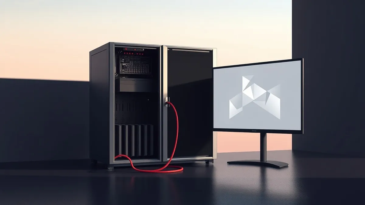 Illustration: A sleek, metallic server unit sits in a dark room with its front panel open to reveal empty internal bays.