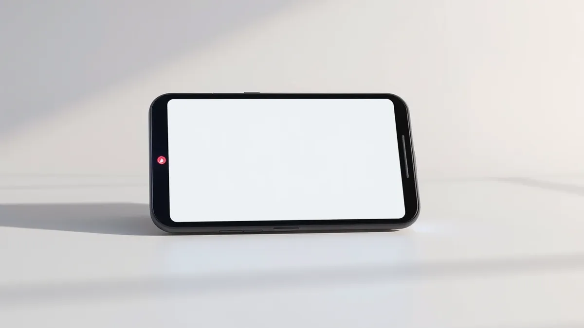 Illustration: A sleek black smartphone rests on a white desk, its screen displaying a blank window with a single red warning icon.