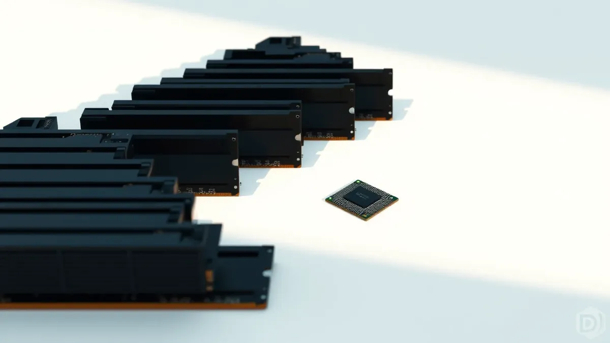 Illustration: A cluster of black memory modules sits beside a single square silicon die on a clean white table.