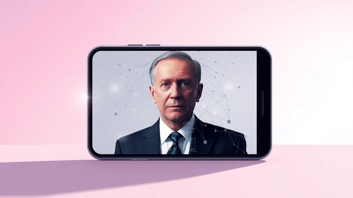 Illustration: A smartphone screen displays a split view with one half showing a clear politician portrait and the other half dissolving into distorted digital fragments.