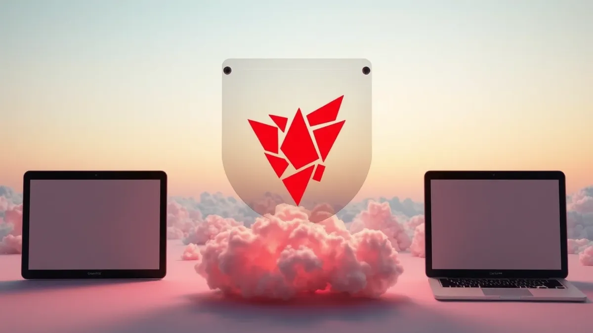 Illustration: A transparent glass shield hovers over a cluster of abstract cloud shapes.