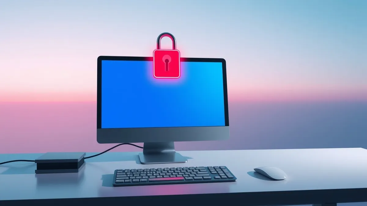 Illustration: A sleek computer terminal sits on a minimalist desk, its blank screen reflecting cold blue light.