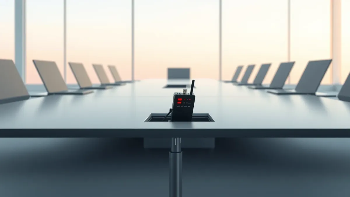 Illustration: A small black audio recorder hides inside the USB port of a sleek conference table.
