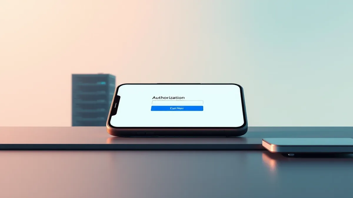 Illustration: A generic smartphone rests on a sleek desk, its screen displaying a blank authorization window with a prominent blue button.