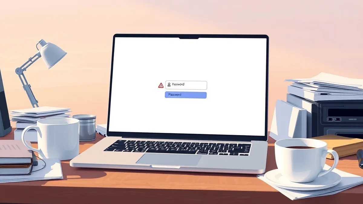 Illustration: A sleek silver laptop sits open on a cluttered wooden desk.