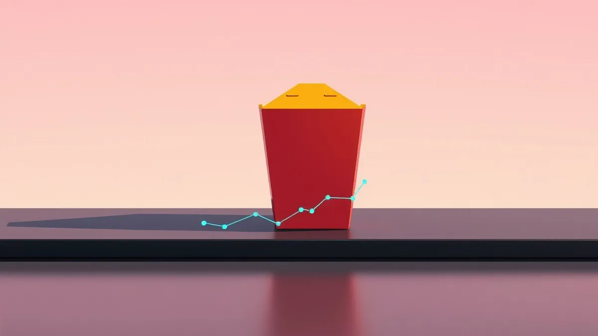 Illustration: A single red-and-yellow paper burger carton sits on a sleek black counter.