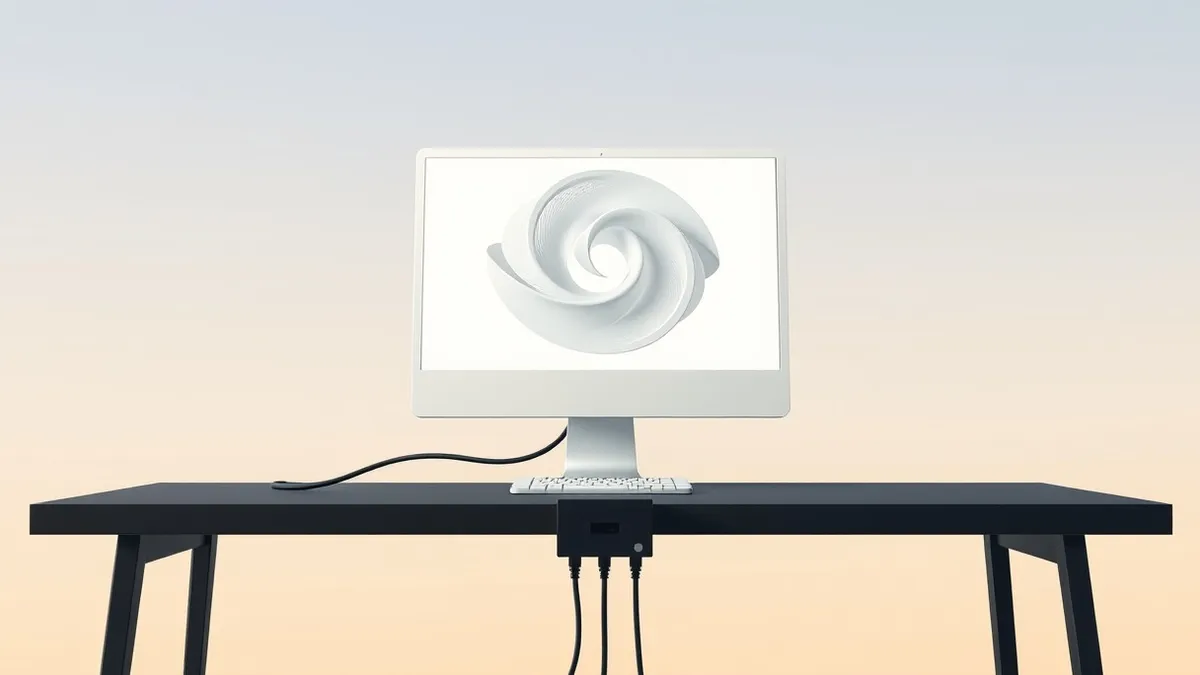 Illustration: A sleek white desktop computer sits on a dark desk, its screen displaying only abstract swirling shapes.