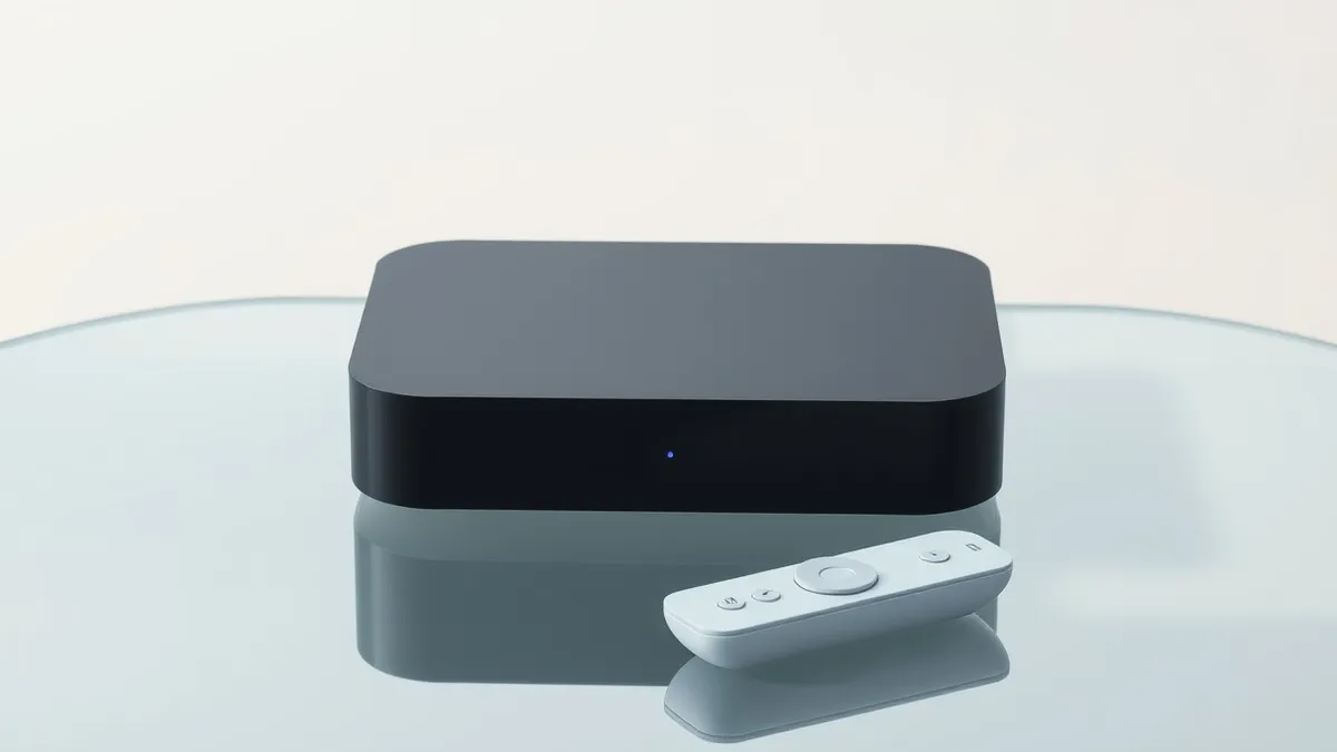 Illustration: A sleek black media streamer box sits on a glass table next to a smooth white remote with a circular touchpad.